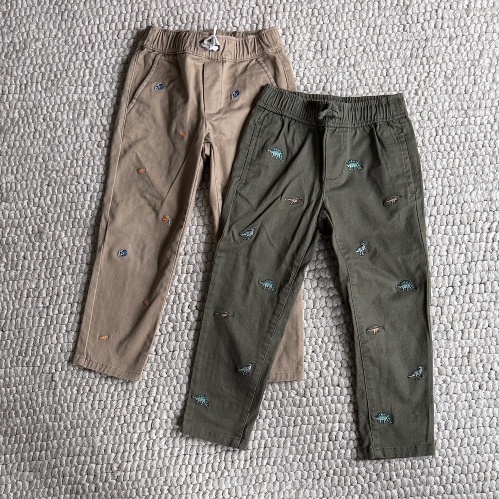 Kids Embroidered football and Dinosaur Pull-On Twill Pants - Olive and Tan